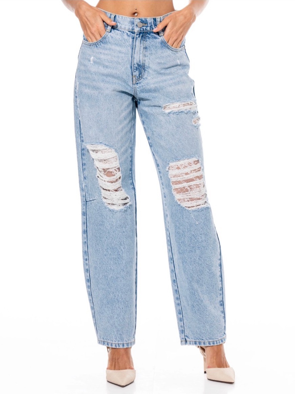 Elegant Lace Detail Distressed Straight Leg Jeans | SM134